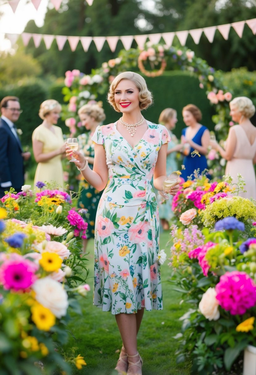 A garden party with a 1930s floral dress, surrounded by blooming flowers and vintage decor