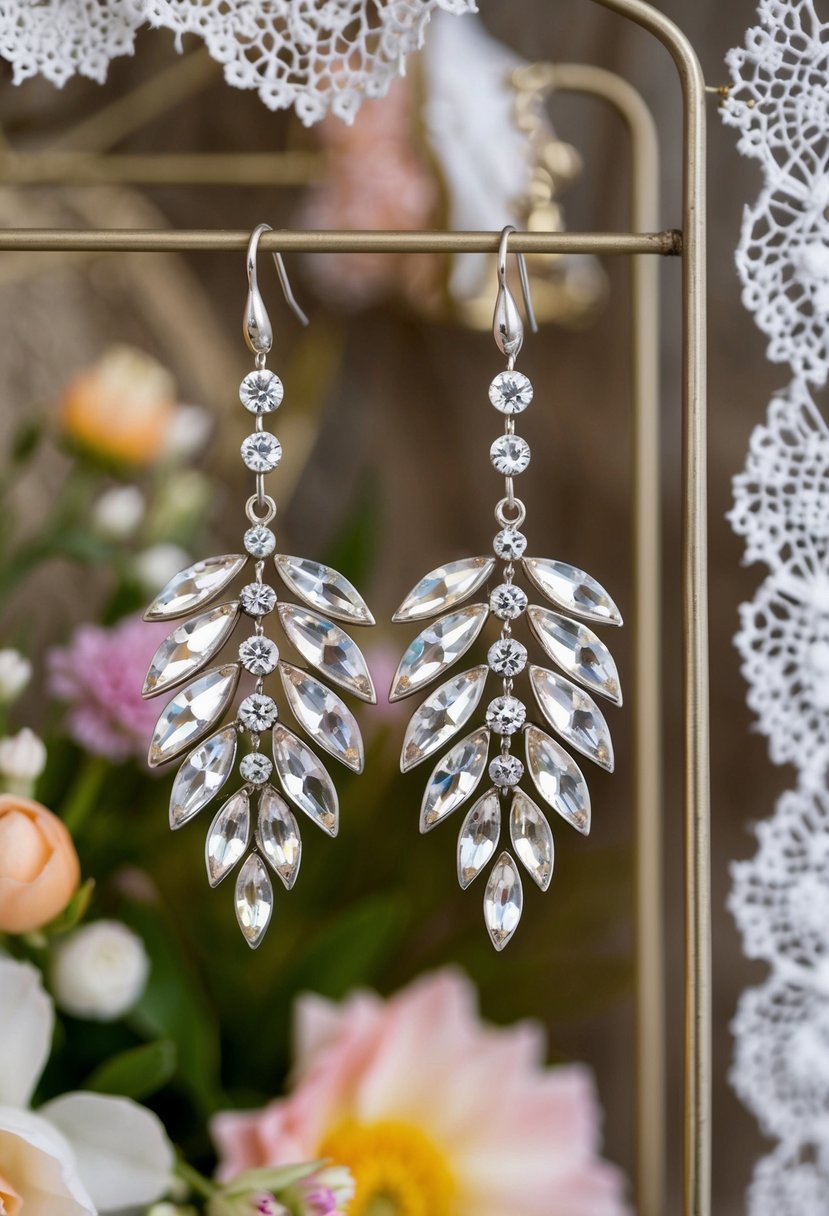 A pair of rhinestone leaf dangle earrings hanging from a vintage-inspired display, surrounded by delicate lace and floral accents