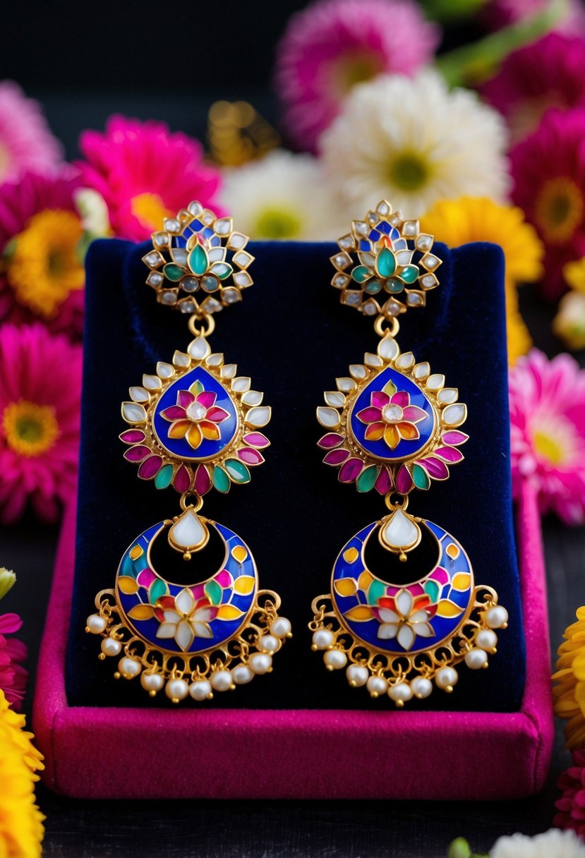 A pair of intricate Jadau enamel earrings displayed on a velvet cushion, surrounded by vibrant floral decorations