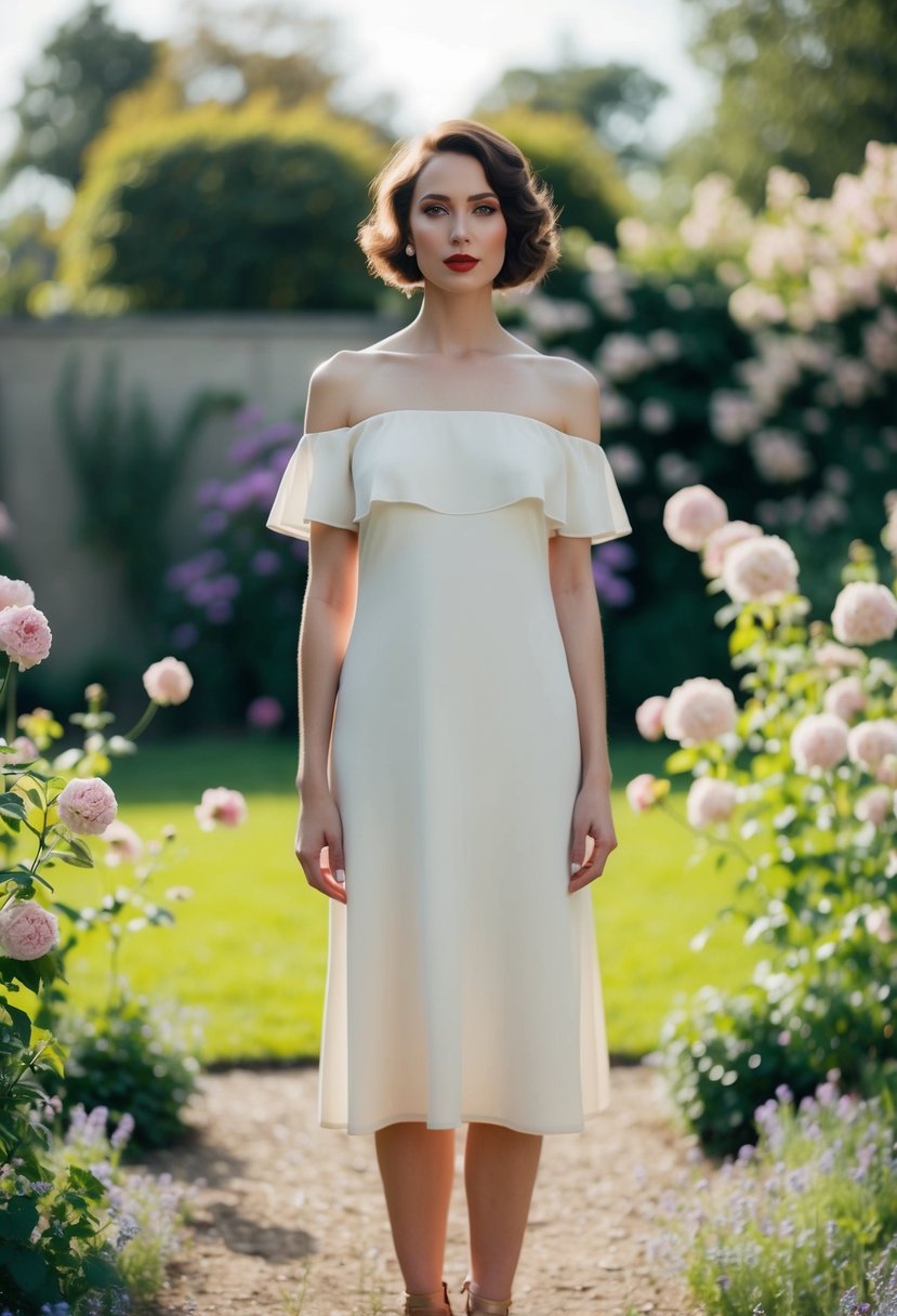 A woman in a simple off-shoulder dress stands in a garden, surrounded by blooming flowers and a vintage 1930s aesthetic