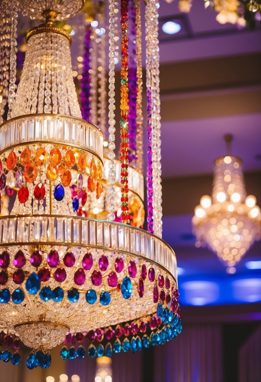 Colorful gemstone chandeliers illuminate an opulent Indian wedding, inspiring ideas for vibrant earrings