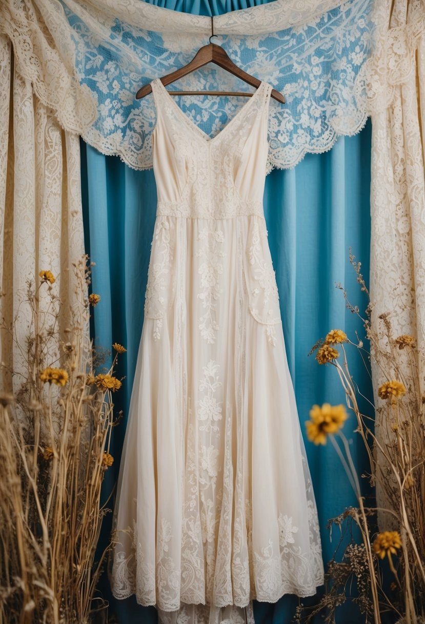 A 1930s boho wedding dress hangs on a weathered wooden hanger, adorned with delicate lace and intricate embroidery, set against a backdrop of vintage lace curtains and dried wildflowers