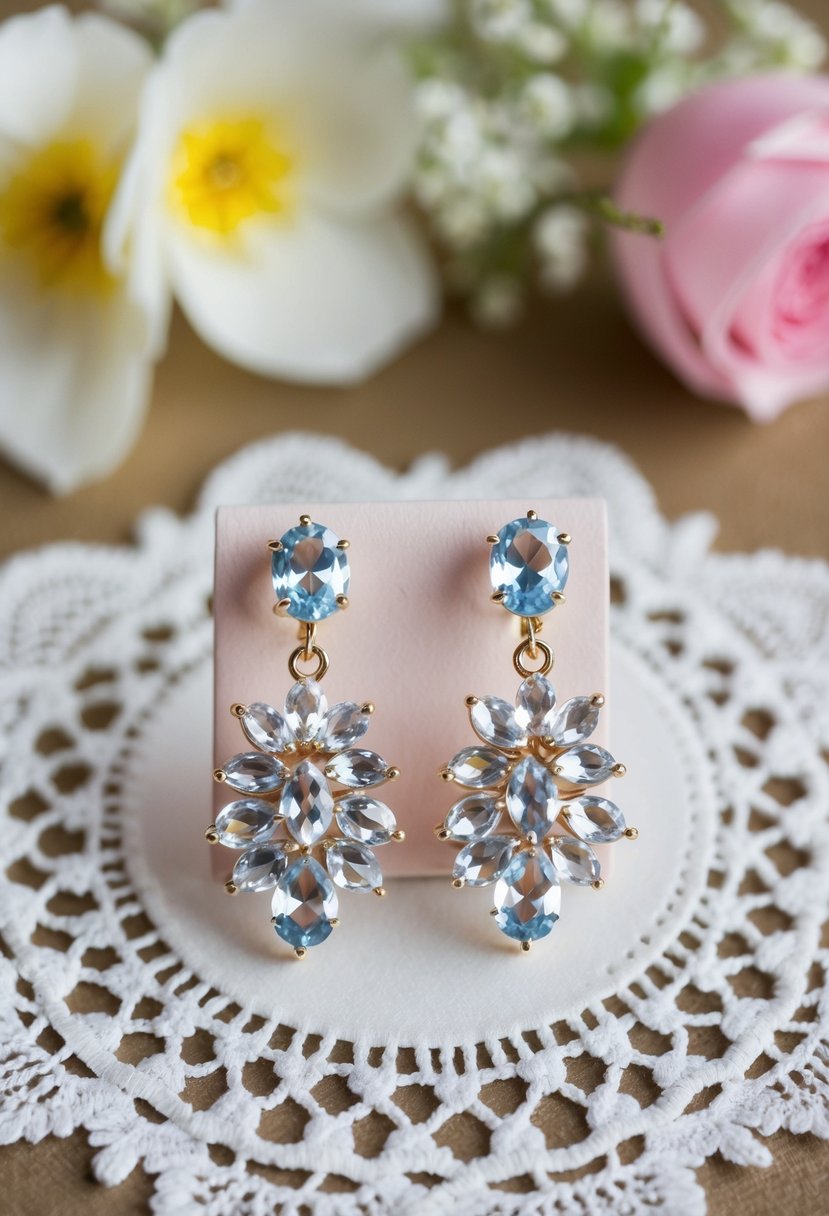 A pair of crystal cluster drop earrings displayed on a vintage lace doily with delicate floral accents