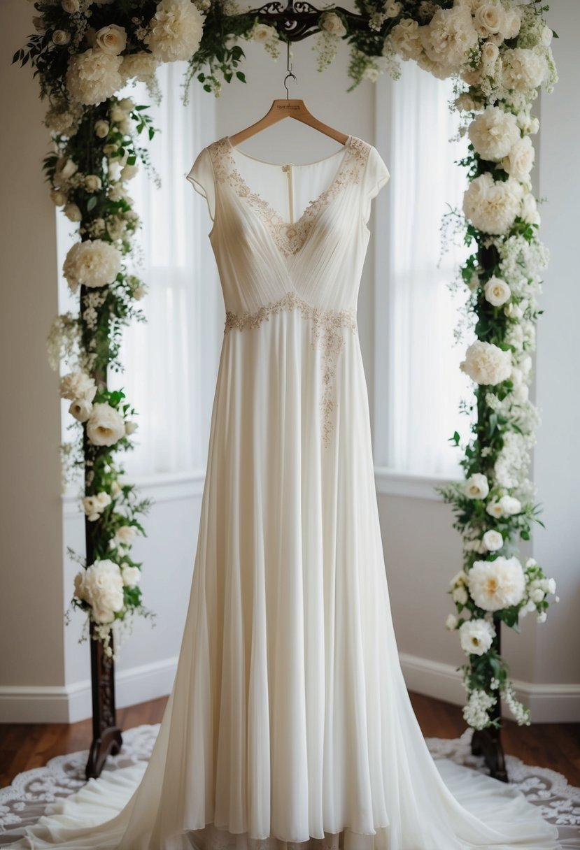 A 1930s wedding dress hangs on a mannequin, featuring a subtle shade bateau neckline and flowing silhouette, surrounded by vintage lace and delicate embellishments