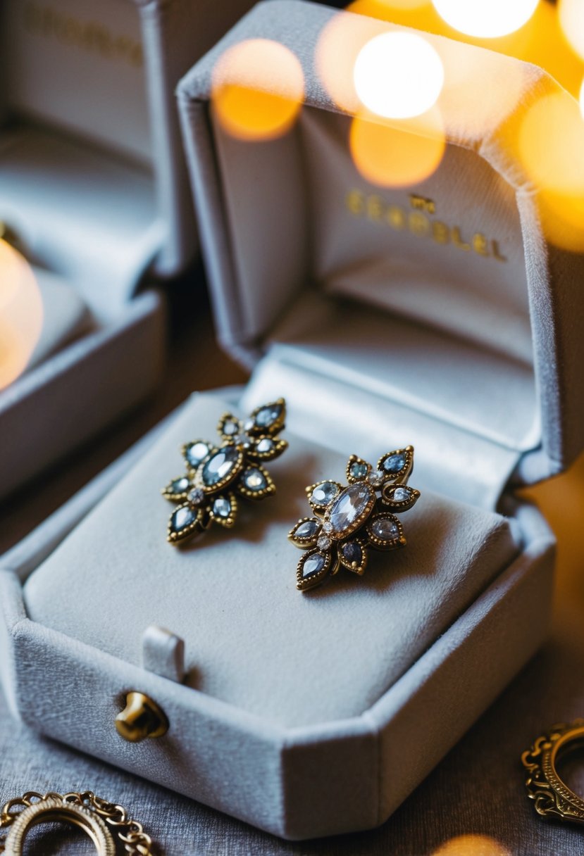 Vintage wedding earrings with antique gold accents displayed on a velvet-lined jewelry box. A soft, warm light illuminates the intricate details of the delicate design