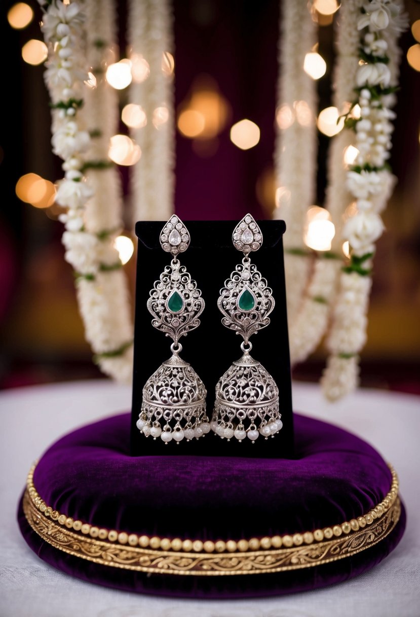 A pair of intricate silver filigree drop earrings, adorned with delicate details and sparkling gemstones, displayed on a velvet cushion in a traditional Indian wedding setting