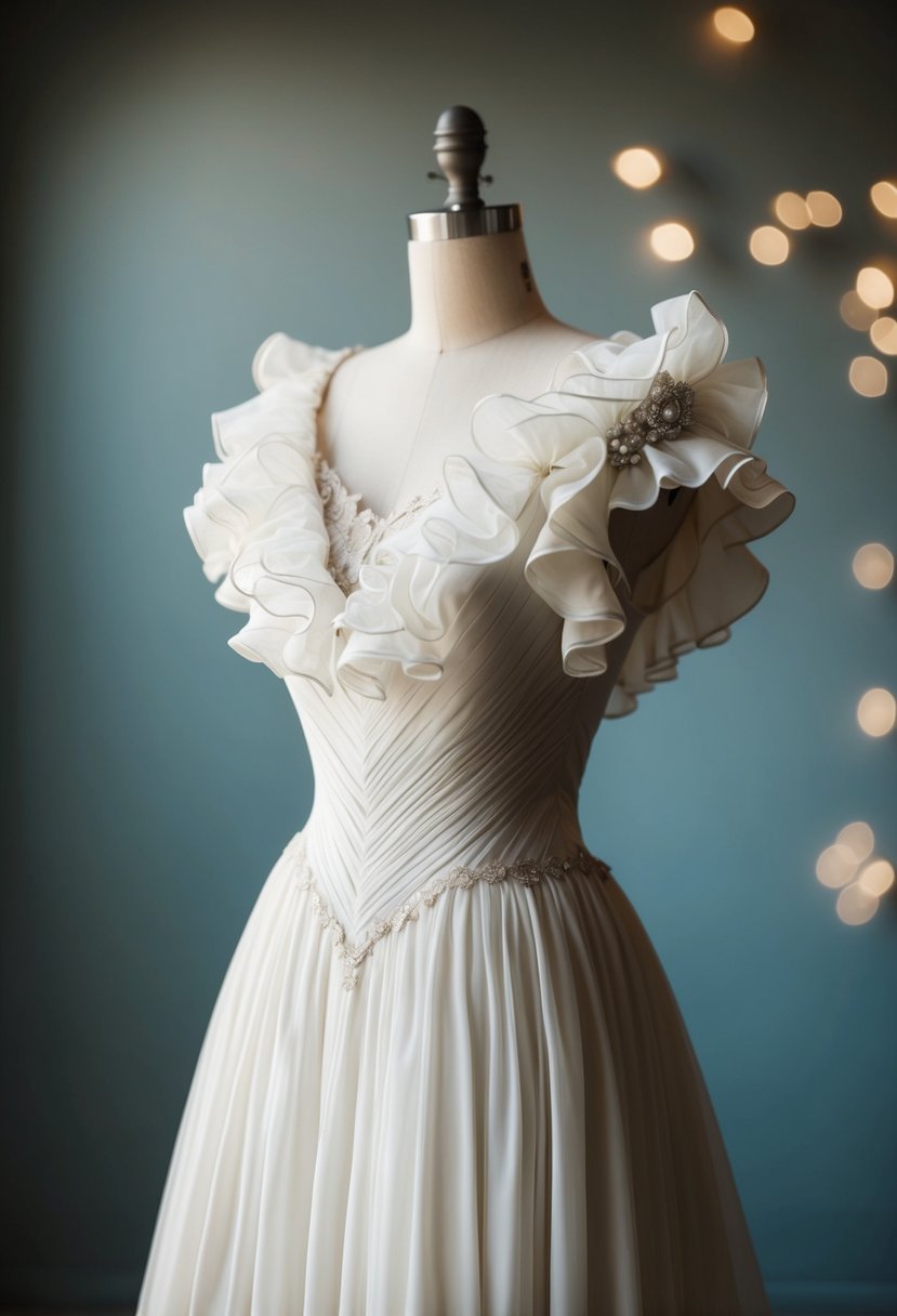 A 1930s wedding dress with intricate ruffled details, a fitted bodice, and a flowing skirt, exuding sophistication and elegance