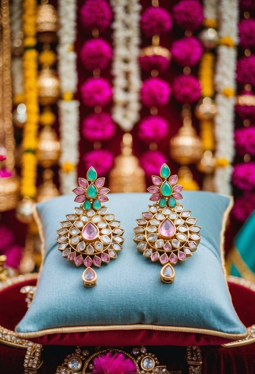 A pair of intricate Kundan studs adorned with pastel stones, displayed on a velvet cushion against a backdrop of vibrant Indian wedding decor