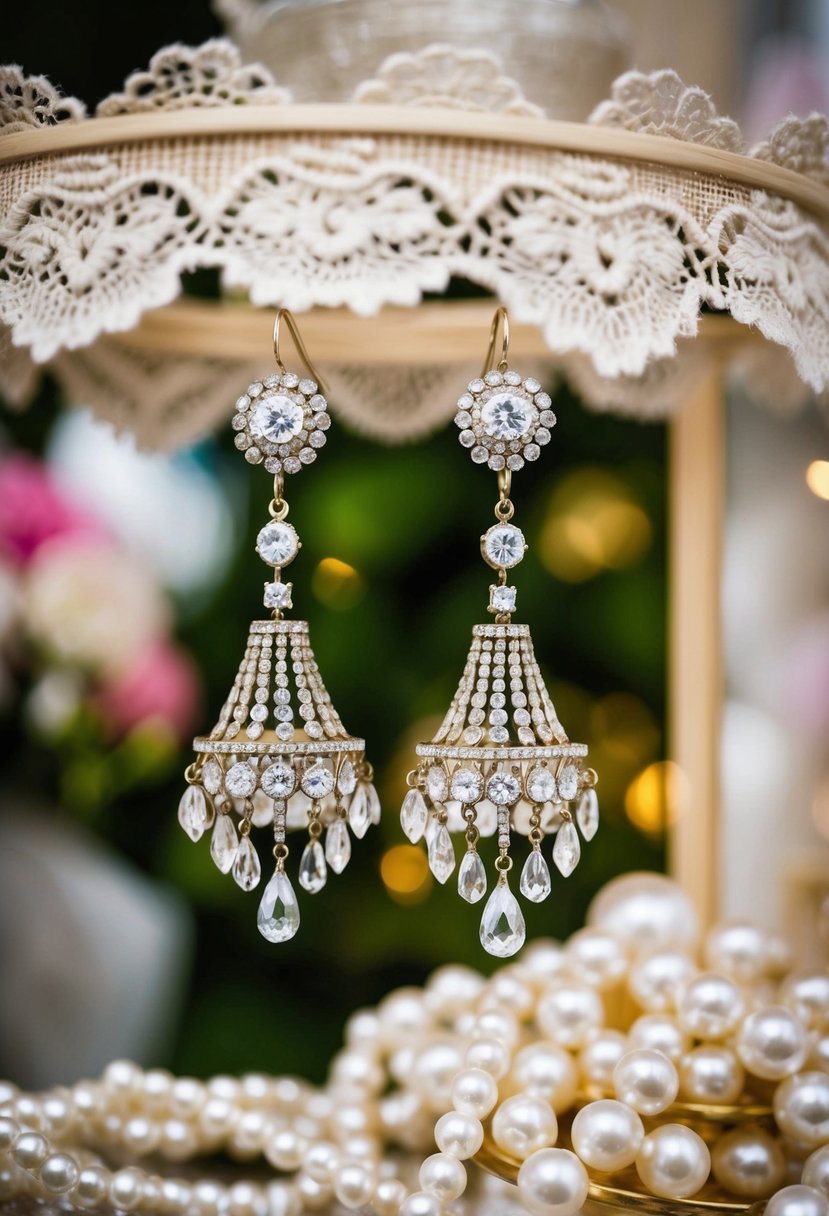 Shimmering chandelier earrings hang from a vintage-style display, surrounded by delicate lace and pearls