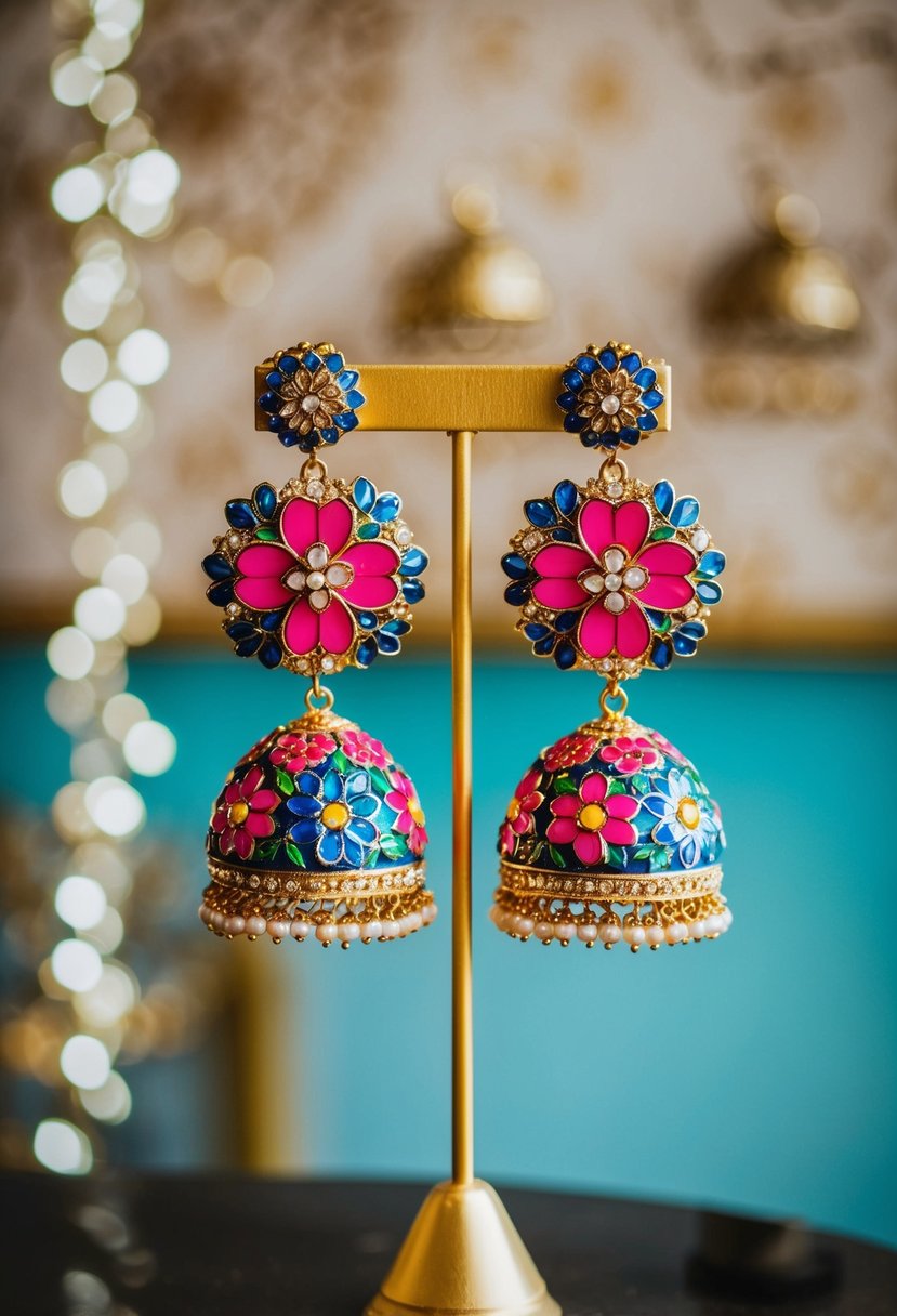 A pair of oversized floral jhumkas, adorned with intricate details and vibrant colors, hang delicately from a golden earring stand