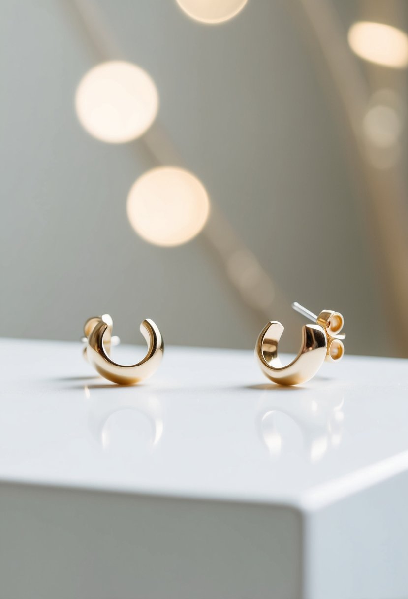 A pair of simple, elegant stud earrings displayed on a clean, white surface with soft lighting