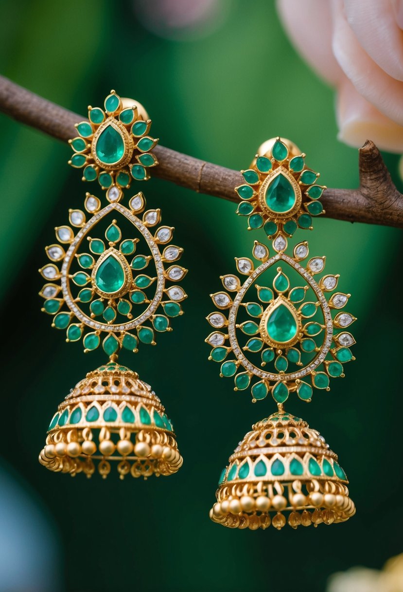 A pair of Chandbali earrings adorned with emeralds, featuring intricate Indian wedding designs