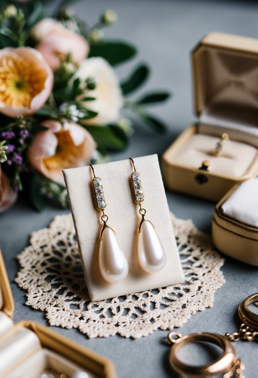 A delicate pair of teardrop pearl earrings displayed on a vintage lace doily, surrounded by antique jewelry boxes and a floral bouquet