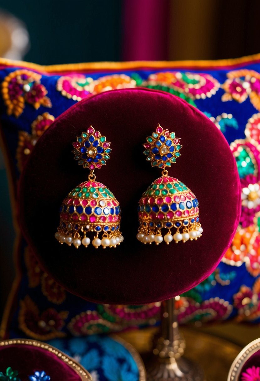 Colorful Jhumkas with intricate Meenakari work displayed on a velvet cushion