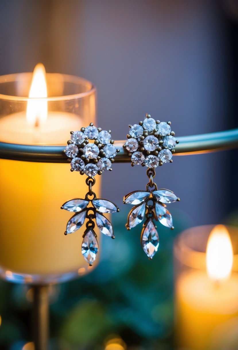 A pair of vintage wedding earrings, featuring elegant crystal clusters, glisten in the soft glow of a candlelit reception