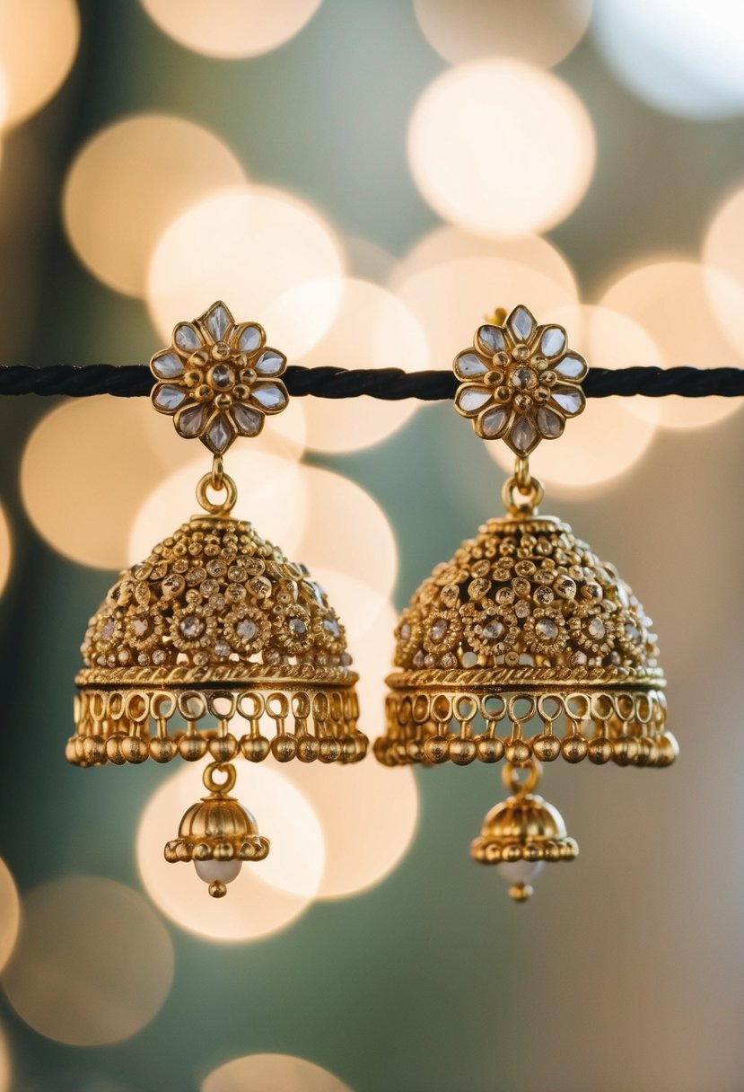 A pair of traditional gold dome earrings, intricately designed with delicate details, shimmering under soft lighting