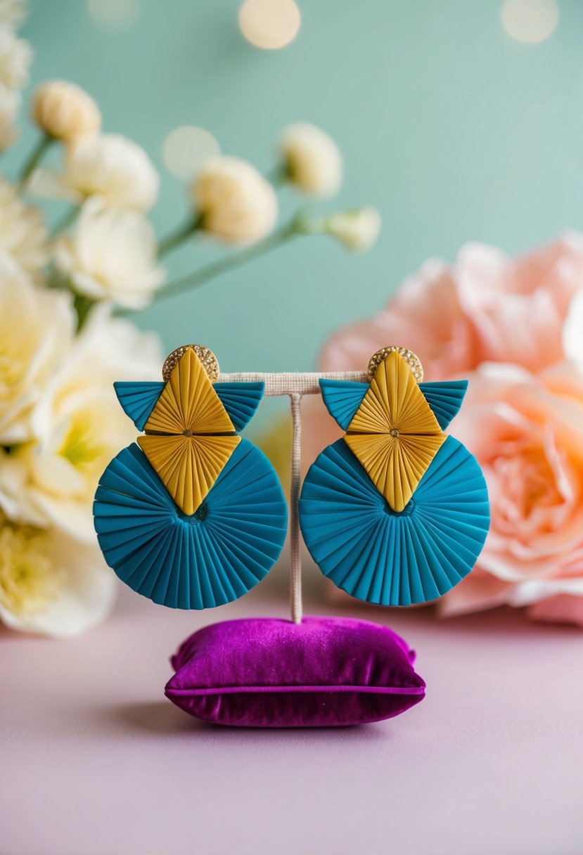 A pair of bold, geometric vintage wedding earrings displayed on a velvet cushion against a soft, pastel background