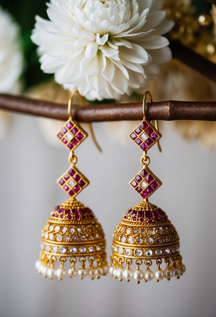 A pair of intricate earrings with ruby and pearl danglers, inspired by Indian wedding jewelry