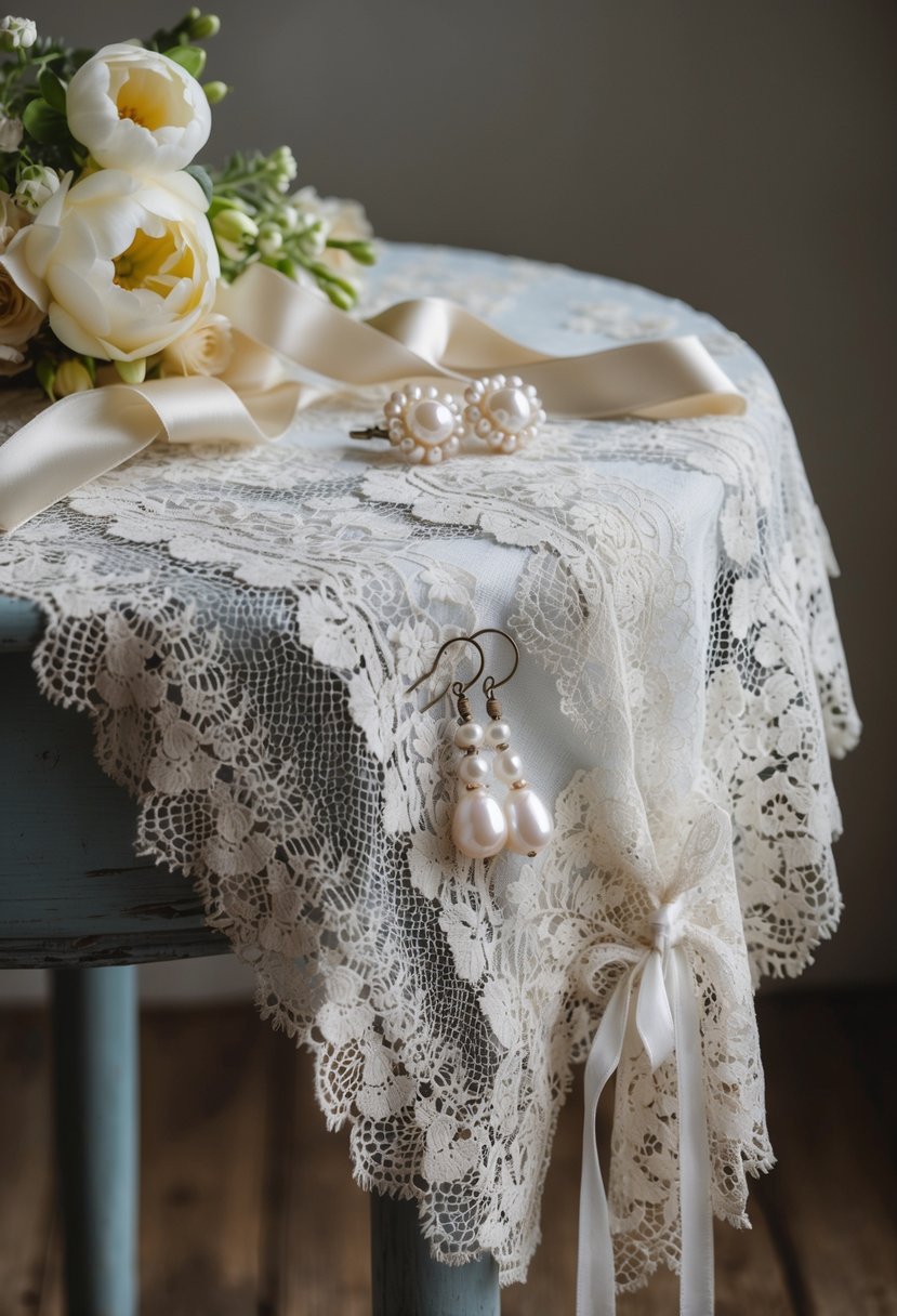 A vintage lace tablecloth draped over a weathered wooden table, adorned with a delicate pair of pearl earrings nestled among antique lace and satin ribbons