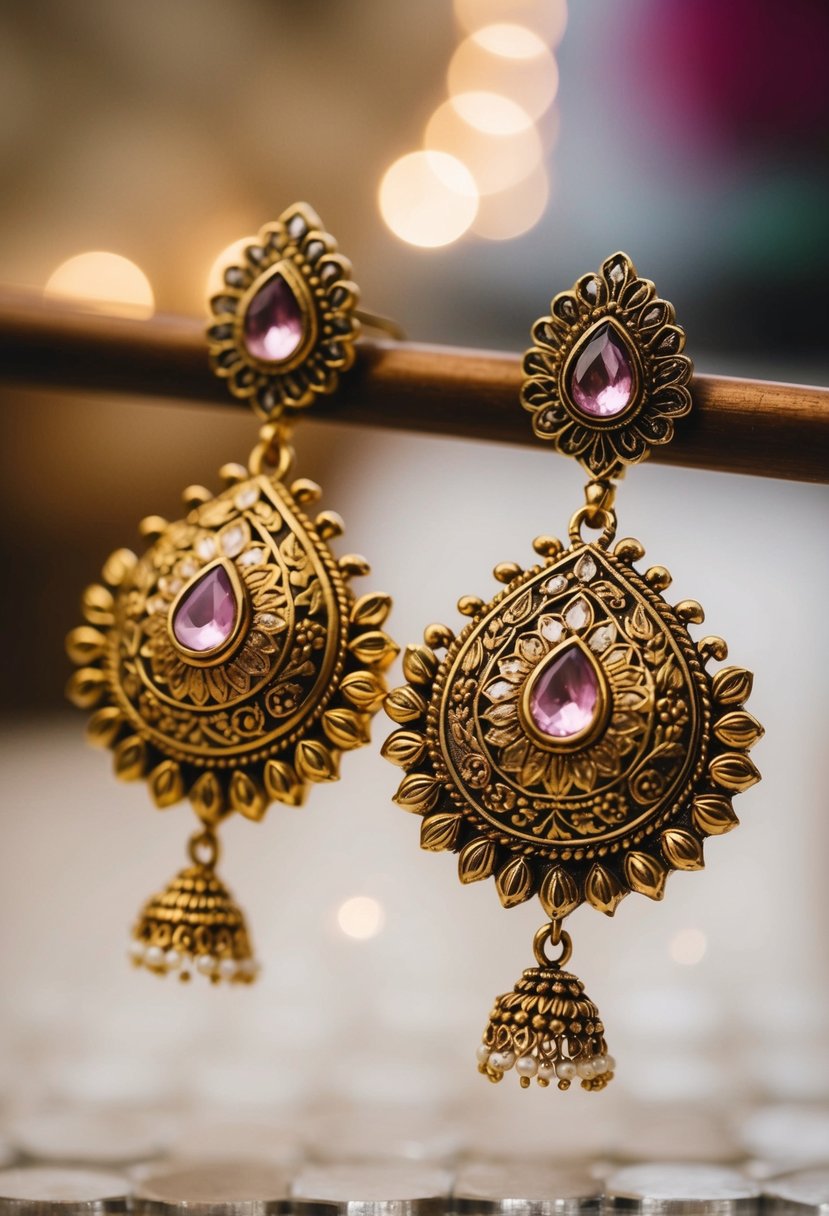 A pair of ornate, antique gold-plated earrings with intricate Indian wedding designs