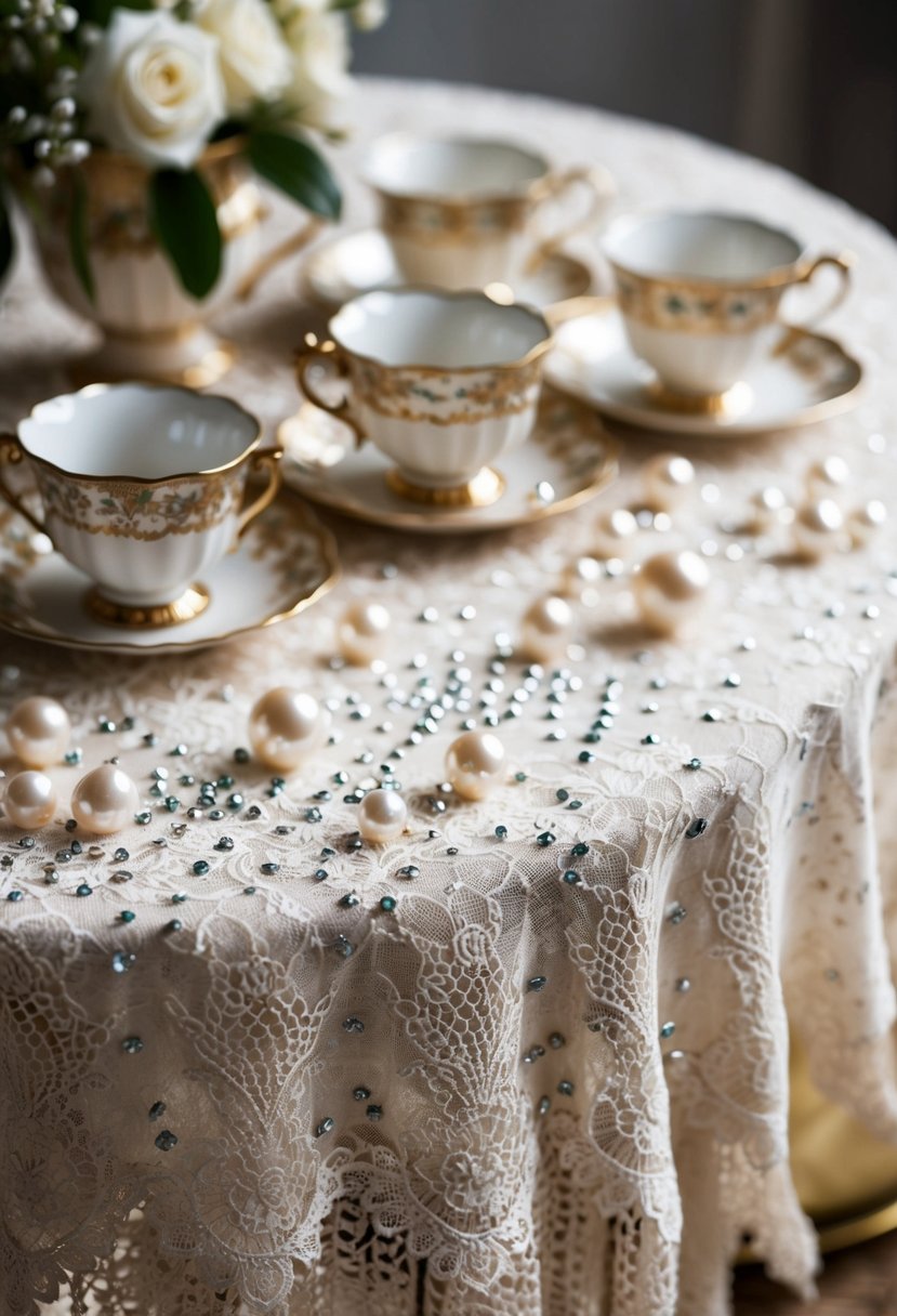 A vintage lace tablecloth with delicate sparkle studs scattered among antique teacups and pearls