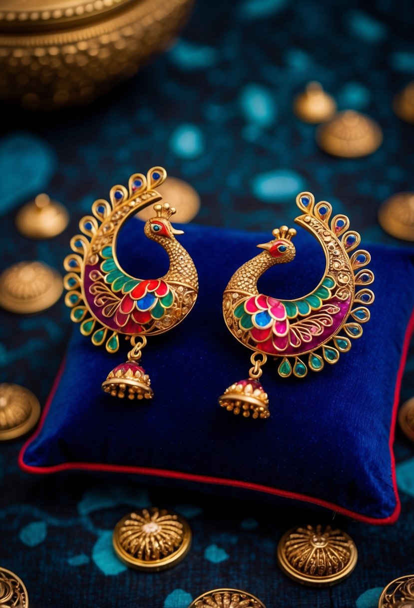 A pair of intricate peacock studs, adorned with colorful lacquer work, displayed on a velvet cushion