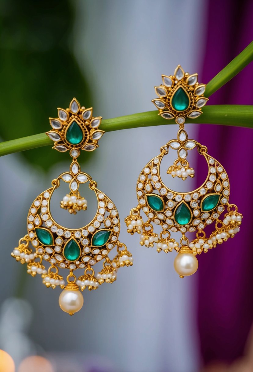 A pair of Chandbali earrings adorned with Kundan stones, inspired by Kerala wedding traditions