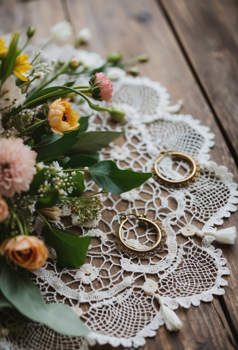 A rustic wooden table adorned with lace, flowers, and vintage bohemian hoop earrings