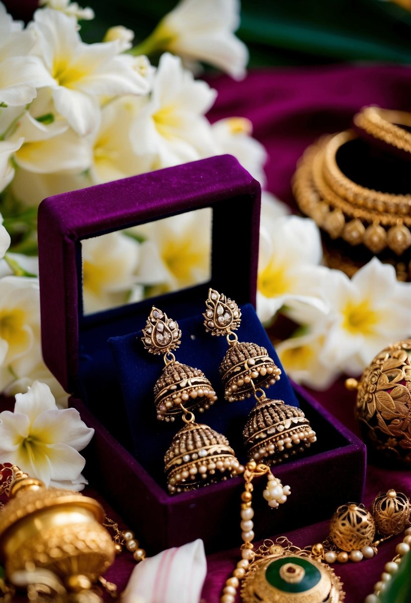 Antique Jhumkas with intricate temple motifs dangle from a velvet jewelry box, surrounded by fragrant jasmine flowers and traditional Kerala wedding paraphernalia