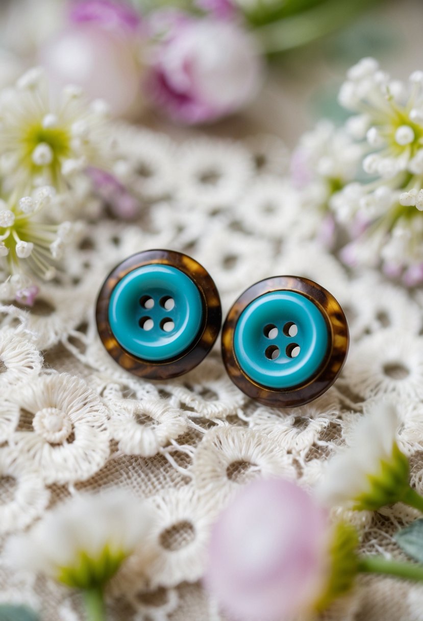 A close-up of retro button earrings on a lace background, surrounded by delicate floral accents