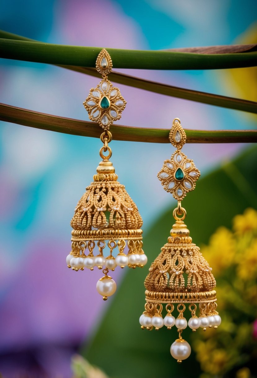 A pair of intricate gold-plated pearl drop earrings, inspired by Kerala wedding traditions, hanging delicately against a vibrant backdrop