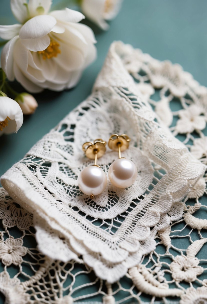 A pair of classic pearl studs, surrounded by delicate floral motifs and antique lace, is held by a vintage lace handkerchief