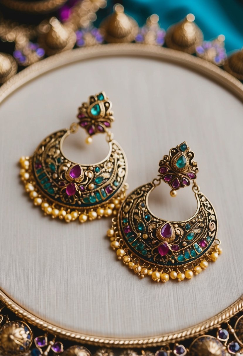 A pair of intricately designed choker earrings with Mughal-inspired motifs, featuring elaborate details and vibrant gemstones, perfect for a Kerala wedding