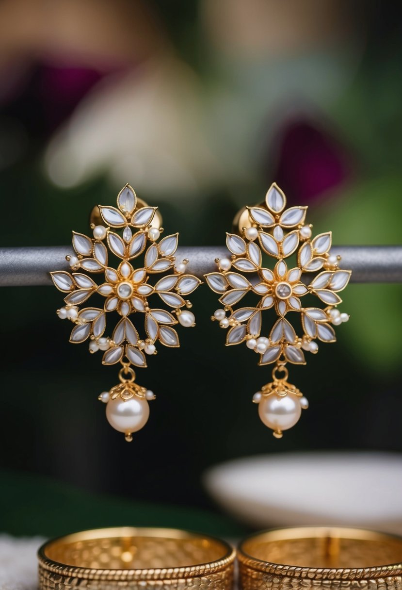 A pair of intricate floral studs with delicate pearls, inspired by traditional Kerala wedding jewelry