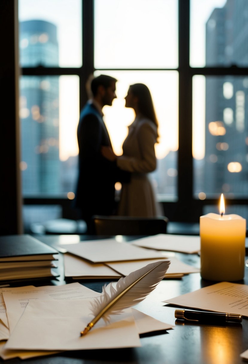 A desk scattered with papers, a quill pen, and a candle. A couple's silhouette in the background, heads bent together in deep conversation