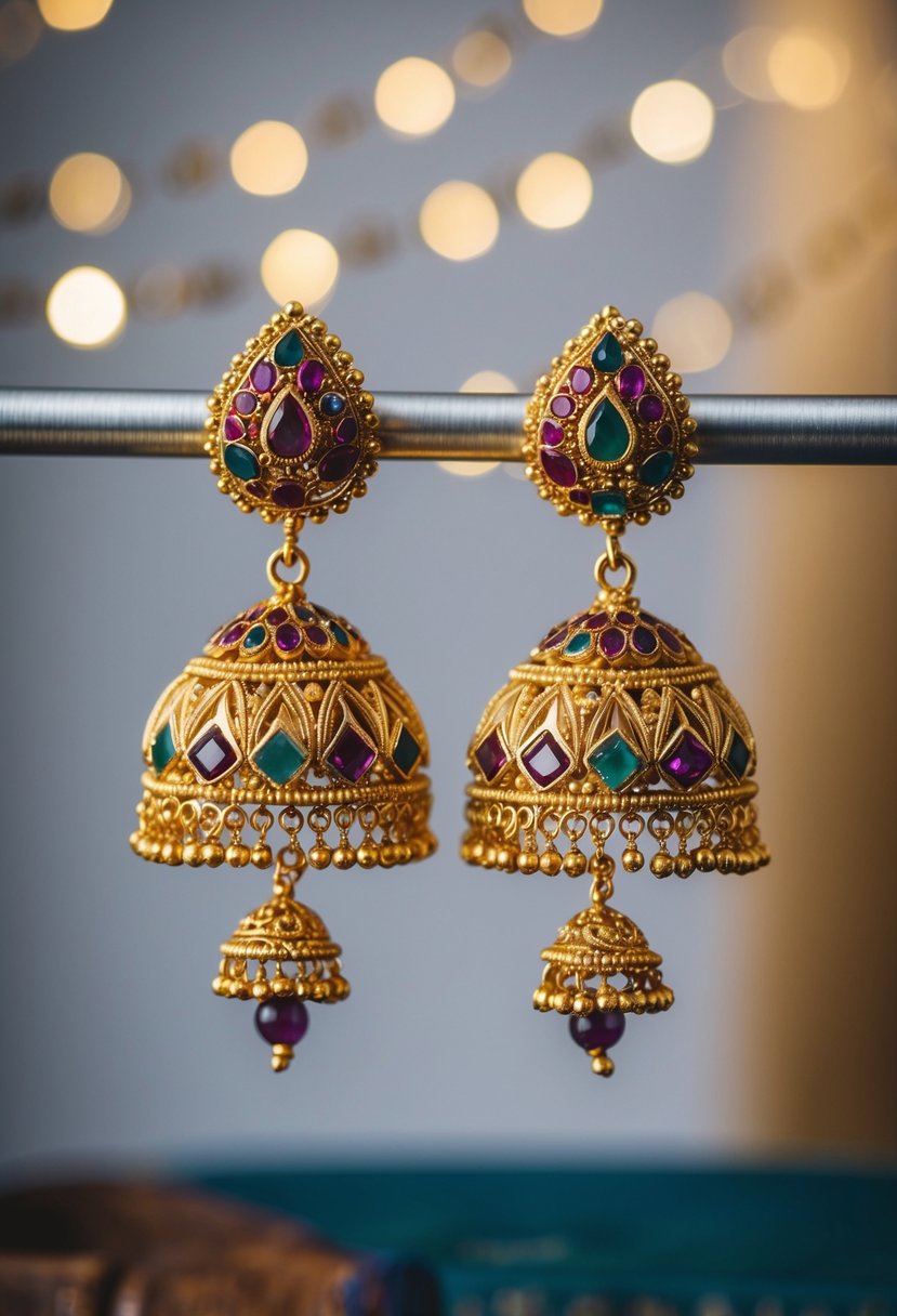 A pair of intricate gold Jhumki earrings with traditional South Indian design, adorned with colorful gemstones and hanging beads