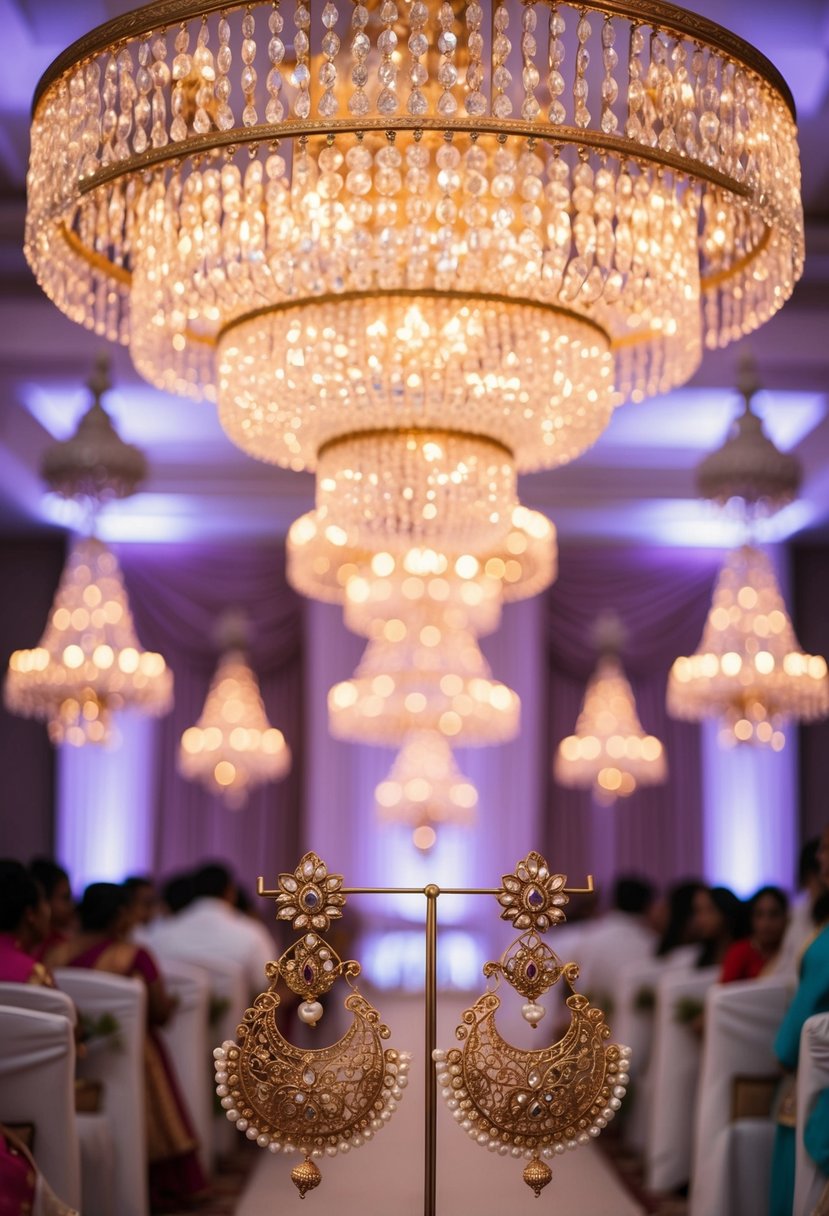 Ornate chandeliers illuminate a grand Kerala wedding, showcasing intricate earring designs inspired by traditional Indian jewelry