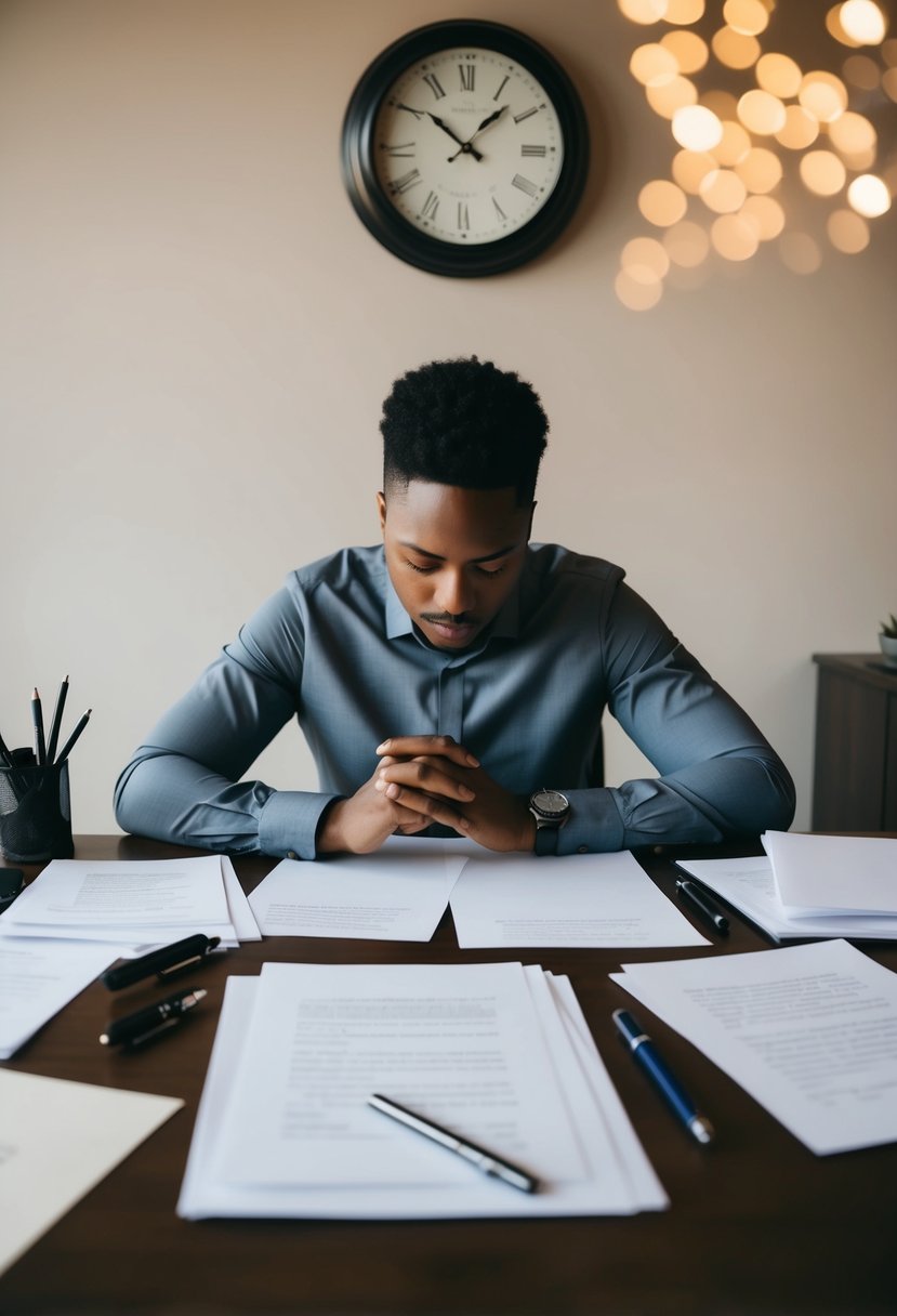 A person sits at a desk surrounded by paper and pens, deep in thought as they brainstorm and draft wedding vows. A clock on the wall shows the early morning hour