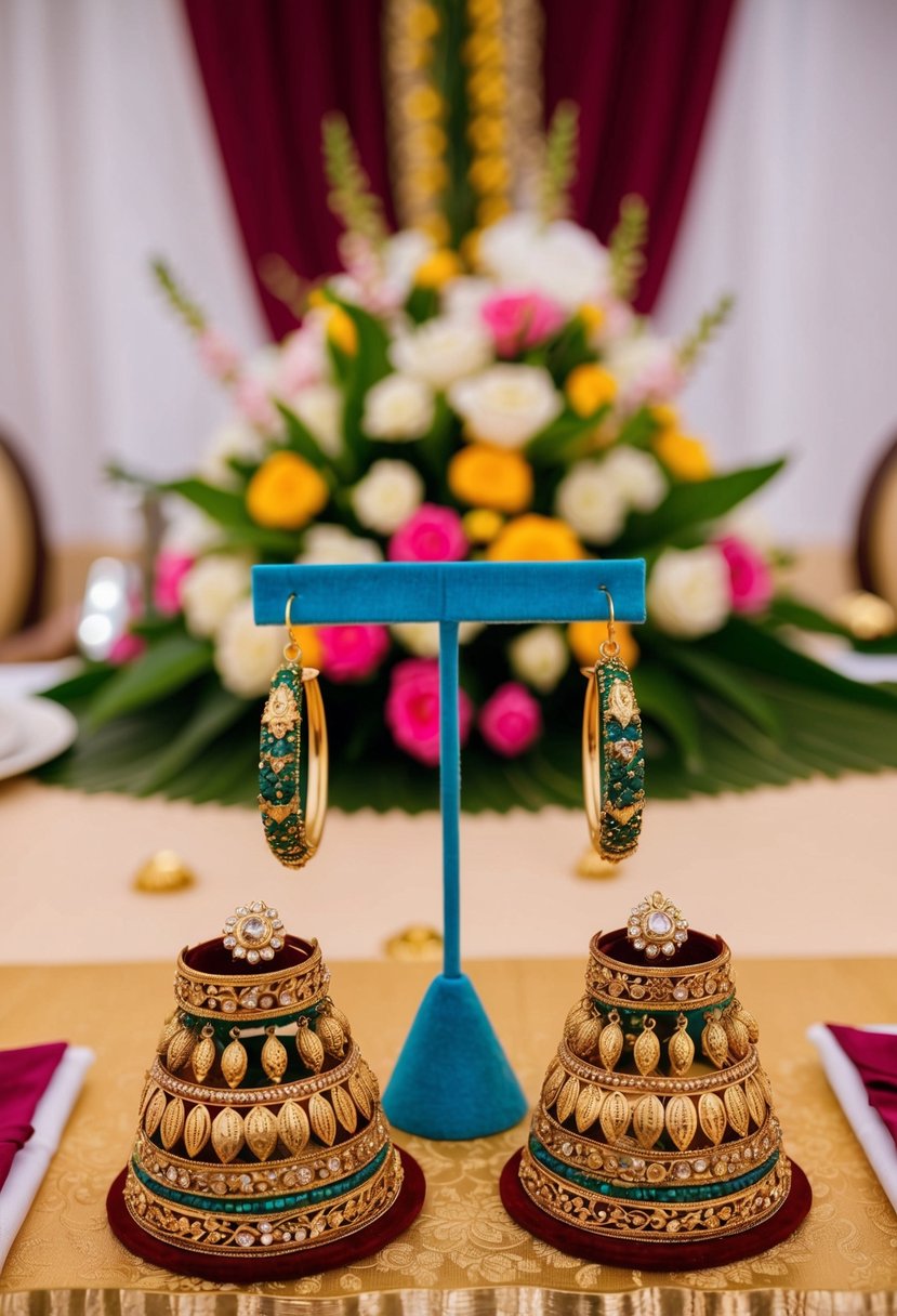 A traditional Kerala wedding scene with Heritage Gold Hoops earrings showcased on a decorative table with floral arrangements and traditional attire