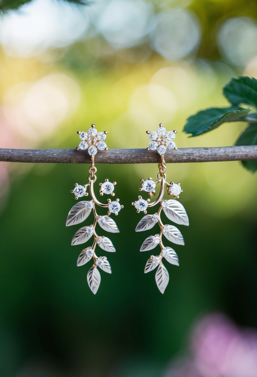 A pair of delicate earrings inspired by nature, featuring intricate leaf and flower designs with sparkling gemstones, set against a backdrop of a serene garden