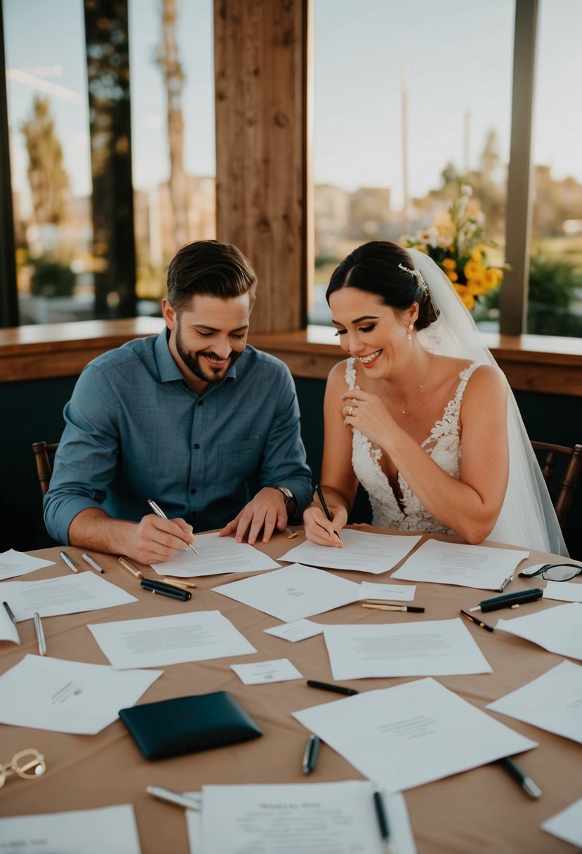 A couple sits at a table covered in paper, pens, and tissues. They share stories and laughter while jotting down heartfelt promises for their upcoming wedding vows