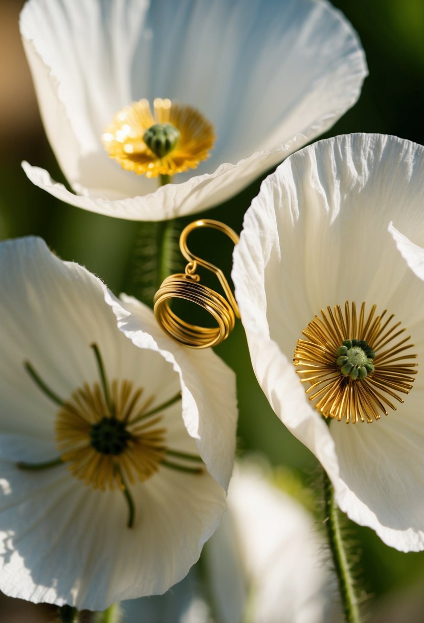 A close-up of delicate poppy petals intertwined with gold wire, forming a pair of elegant earrings. Sunlight filters through the petals, casting soft shadows