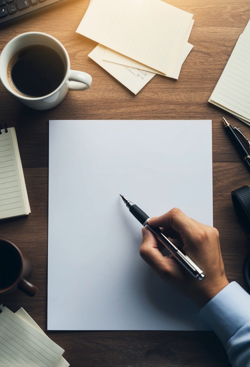 A pen poised over a blank sheet of paper, surrounded by scattered notes and a cup of coffee