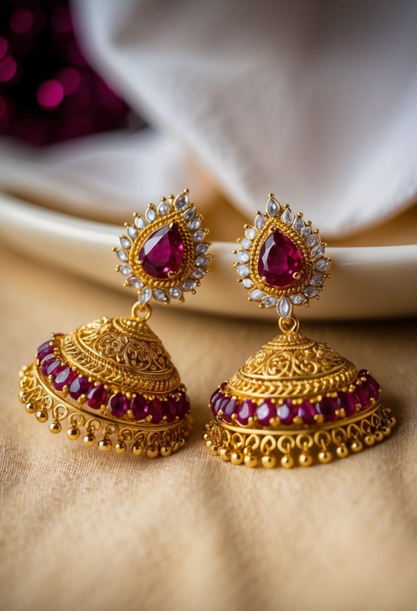 A pair of intricate gold earrings adorned with vibrant ruby stones, inspired by traditional Kerala wedding jewelry