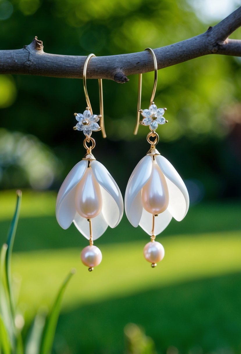 A delicate pair of pearl flower petal drop earrings hanging from a tree branch in a romantic garden setting