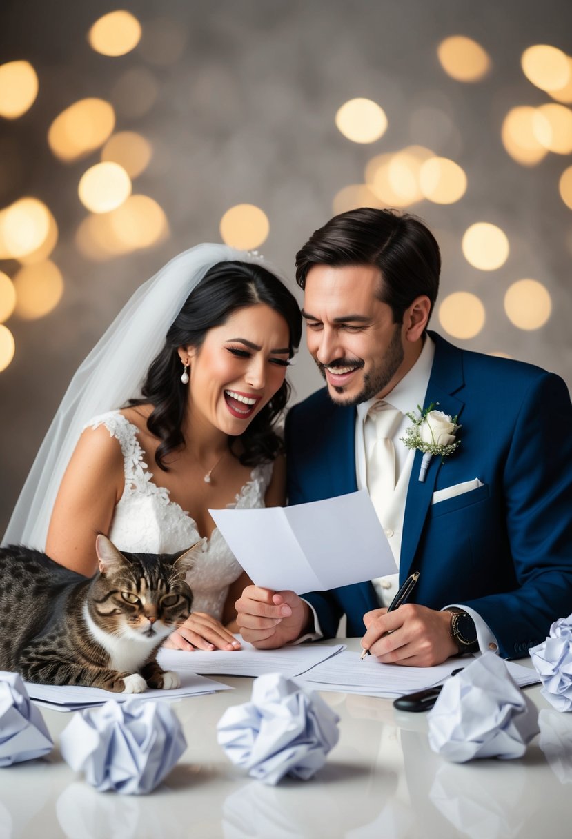 A comical wedding vow writing session with a couple surrounded by crumpled papers and a frustrated looking cat