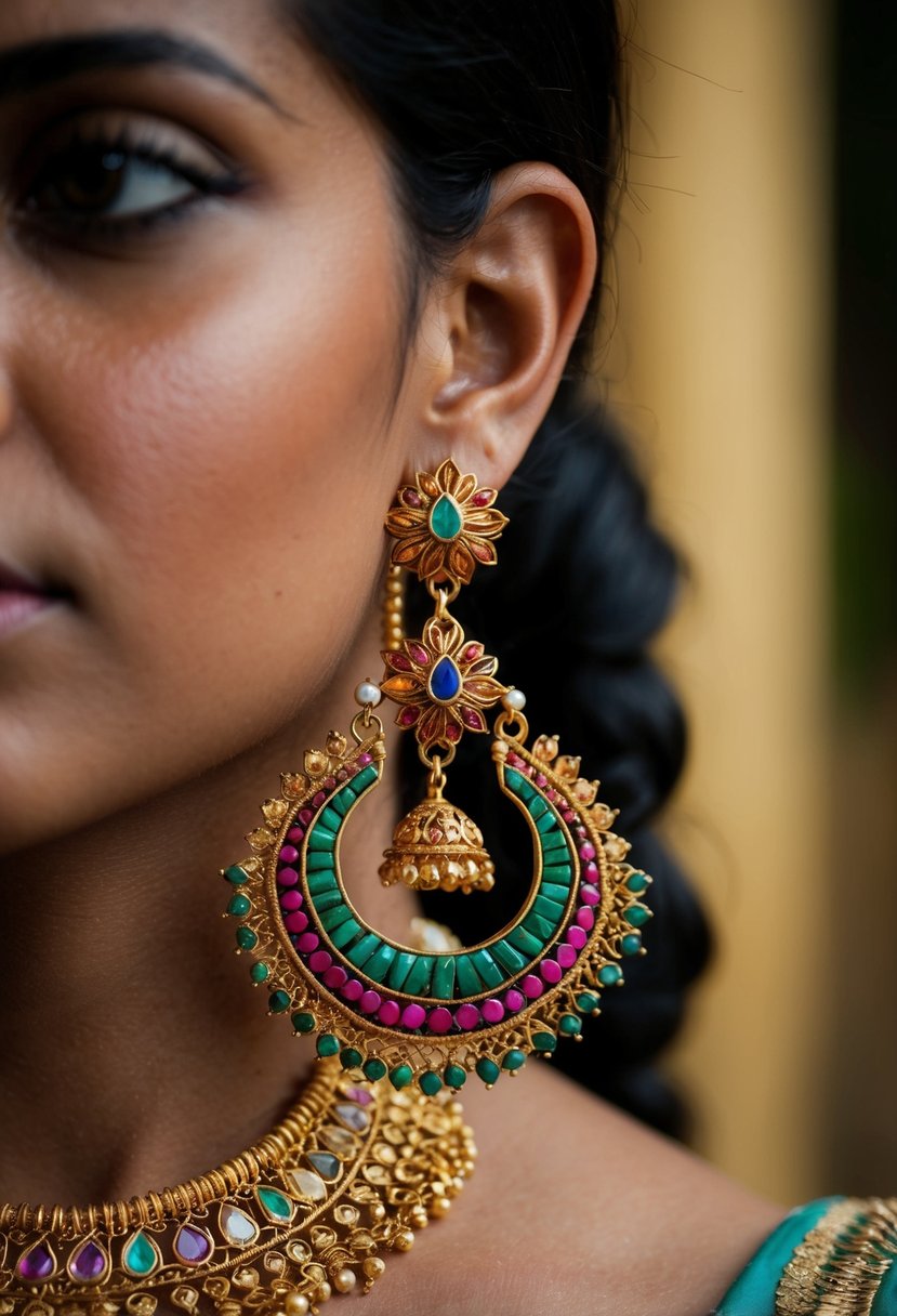 A close-up of intricate Kerala Palakka earrings, showcasing traditional design and vibrant colors