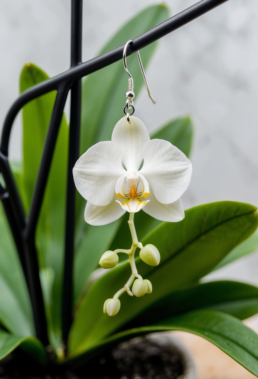 A delicate white orchid dangles from a silver earring hook, surrounded by lush green leaves and tiny buds, evoking a sense of natural beauty and elegance