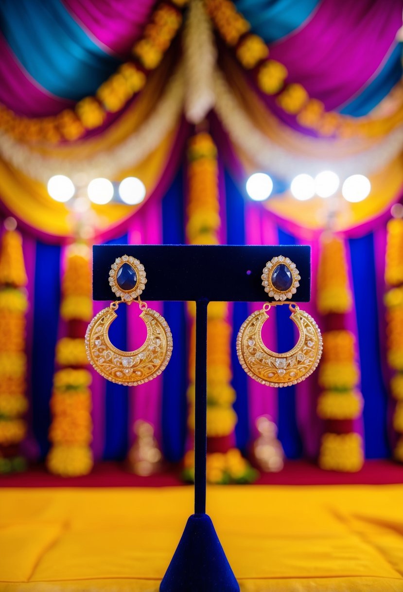 A pair of semi-precious stone huggie earrings displayed on a vibrant Kerala wedding backdrop