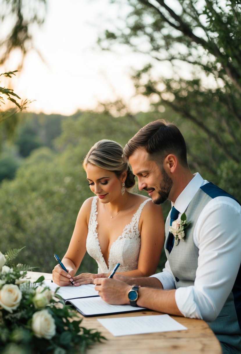 A couple sitting together, surrounded by nature, with a serene and heartfelt expression as they write their wedding vows